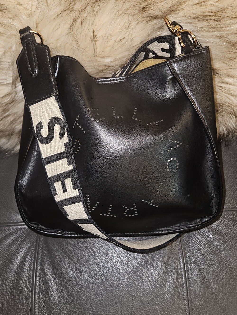 Stella McCartney Black Perforated Logo Shoulder Bag with Branded Strap